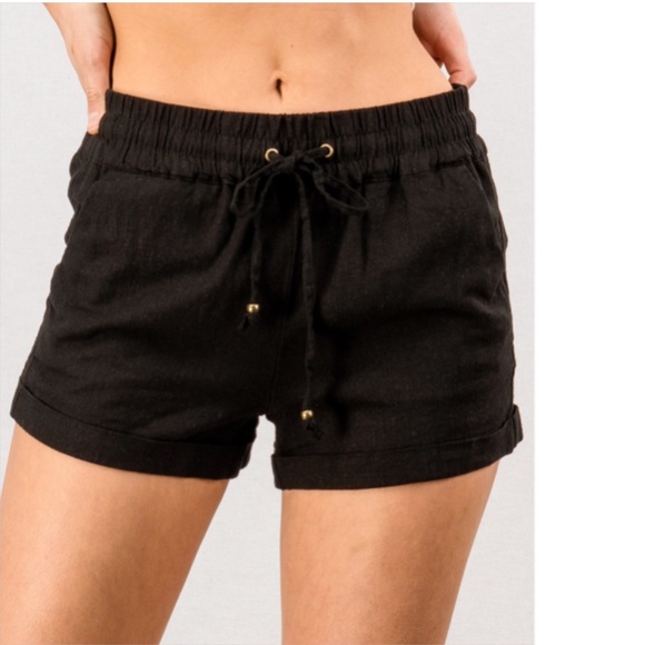 Trend Notes Pants - Black Linen Drawstring Stretch Waistband Shorts!